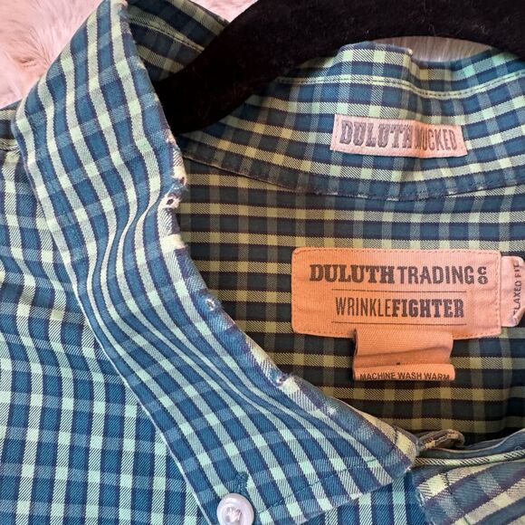 Duluth‎ Trading Shirt L Wrinkle Fighter Untucked Long Sleeve Button Green Plaid - Picture 8 of 11